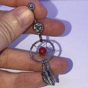14 Gauge Dream Catcher Belly Ring, Clear Gem with red bead and gold split ring
